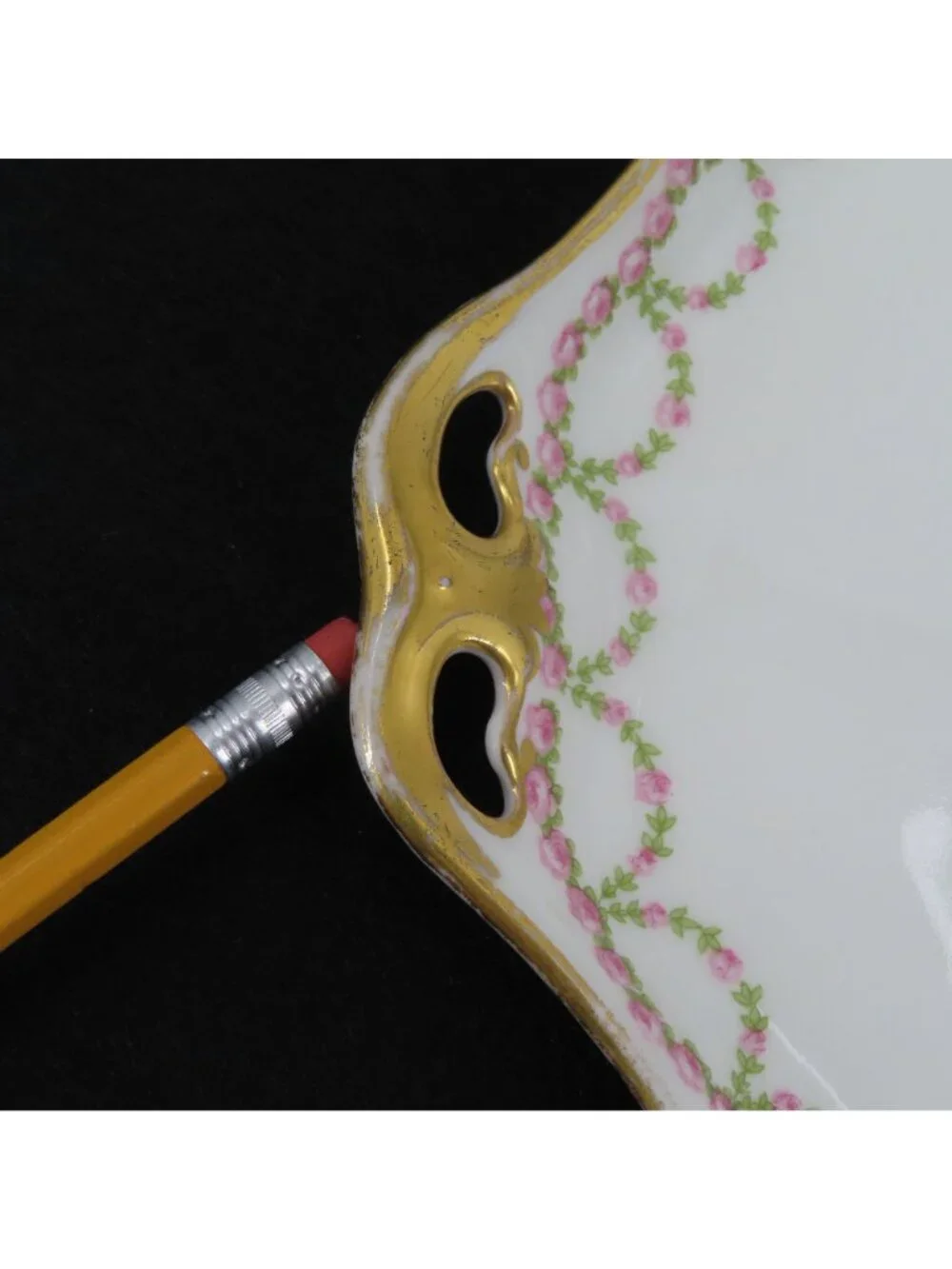 GOA Limoges Double Handle Plate 9.75in x 8.9in Pink Rose Floral Flower Swag Gold